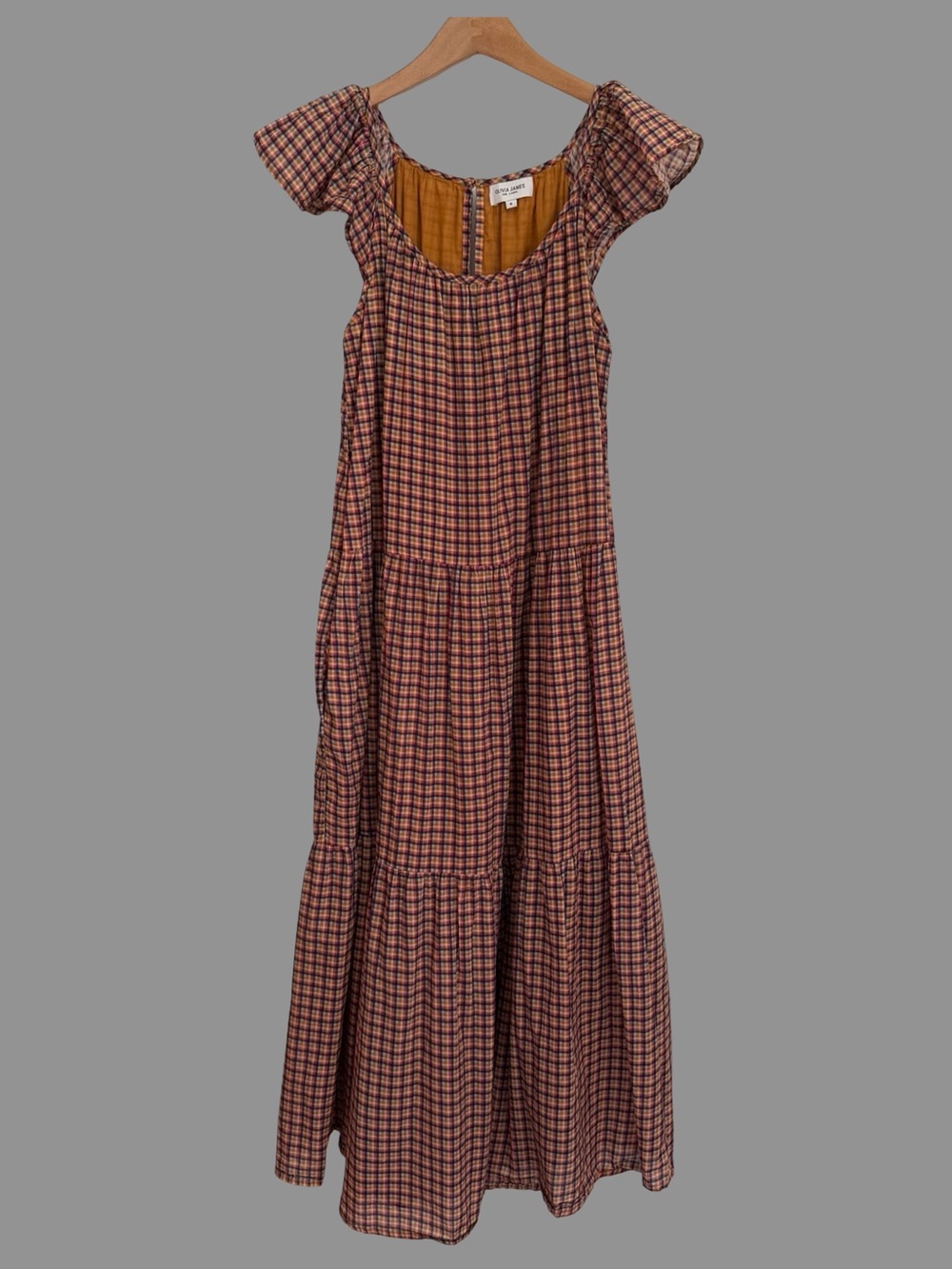 Olivia James The Label Plaid Ruffle Short Sleeve Cotton Maxi Dress S